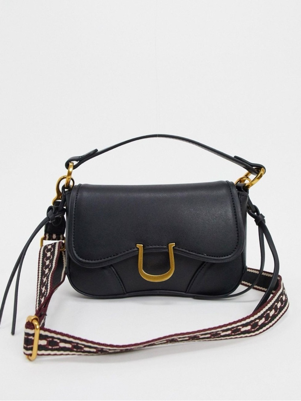 Mango Black Crossbody Bag Woven Removable Strap Gold Tone Magnetic Lock 9 x 6
